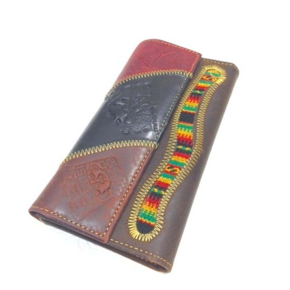 Machu Picchu Embossed Leather Tapestry Wallet Peru Brown Red Black 6.5x3.5